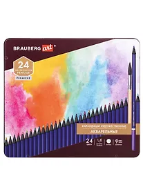 Купить Карандаши художественные цветные акварельные BRAUBERG ART PREMIERE, 24 цв, грифель 4мм металл 181534 — Фото №1