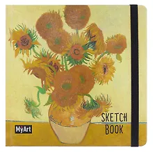 Купить Скетчбук 200*200 80л "Винсент Ван Гог. Подсолнухи" белый офсет 100г/м2, тв.подложка, мат.ламинация, резинка, ляссе — Фото №1