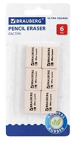 Купить Ластики 06шт "Ultra Square" размер ластика 29*18*8мм, белые, натур. каучук, BRAUBERG — Фото №1