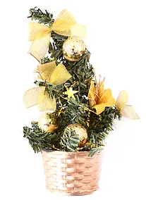 Купить Елка декоративная с желтыми украшениями в корзиночке (пластик) (20 см) — Фото №1