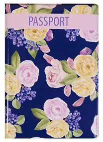 Купить Обложка для паспорта Пионы на синем фоне (ПВХ бокс) — Фото №1
