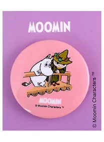 Купить Значок круглый MOOMIN Муми-тролль и Снусмумрик на мосту (розовый) (металл) (38мм) — Фото №1