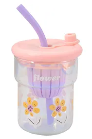Купить Стакан с крышкой Цветы Flower (розовая) (стекло) (500мл) (12-34466-4130-8) — Фото №1