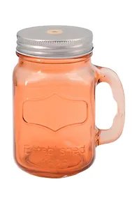 Купить Сувенир, Кружка для напитков Оранжевая из стекла, с крышкой из луженой стали, 450мл, 6,5*6*13см — Фото №1