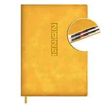 Купить Ежедневник дат. 2026г. А6+ 176л "Тиволи глосс" горчичиный, кожзам, тв.переплет, блинт.тиснение, офсет, справ.мат-лы, вырубка, закругл.углы, 2 ляссе, инд.уп — Фото №1