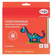 Купить Карандаши цветные 24цв.+ золотой + серебряный "Мультики" пласт., трехгранные, заточен, к/к, подвес, Гамма — Фото №1