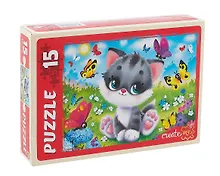 Купить Пазл 15 элементов "Котенок и бабочки" 300х215 мм — Фото №1