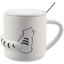 Купить Кружка с крышкой и ложкой Котик с объемным хвостом (керамика) (380мл) (12-08070-HY-1011) — Фото №1