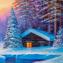 Купить Холст с красками 20x20см по номерам (14 цв.) Дом на лесной заснеженной опушке (Арт. ХК-2304) — Фото №1