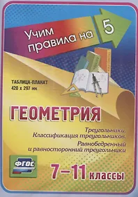 Купить Геометрия. Треугольники. Классификация треугольников. Равнобедренный и равносторонний треугольники. 7-11 класс. Таблица-плакат (420х297) — Фото №1
