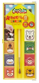 Купить Краски акварельные 12цв "ЗВЕРЯТА В ДОМИКЕ" кисть, пласт.уп., Каляка-Маляка — Фото №1
