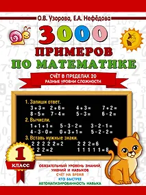 Купить 3000 примеров по математике. Счёт в пределах 20. Разные уровни сложности. 1 класс — Фото №1