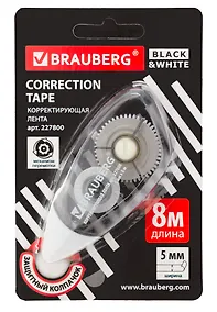Купить Корректор лента 5мм*8м "BLACK&WHITE" черный тонир., механизм перемотки, блистер, BRAUBERG — Фото №1