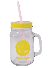 Купить Баночка с ручкой и крышкой + трубочка, для коктейлей Nice to meet you (стекло) (450мл) — Фото №1