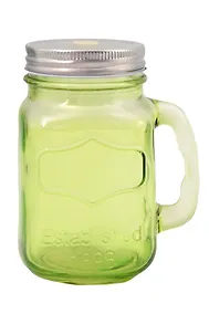Купить Сувенир, Кружка для напитков Зеленая из стекла, с крышкой из луженой стали, 450мл, 6,5*6*13см — Фото №1