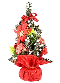 Купить Декоративная ёлка с красным декором на подставке (пластик) (20 см) — Фото №1