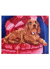 Купить Алмазная мозаика "Рыжий щеночек на розовом стуле", 17х22 — Фото №1