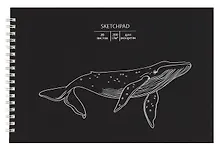 Купить Скетчбук 250*170 20л "Whale" акварел. бумага, 200г/м2, черный дизайнерский картон, тиснение фольг. серебро, евроспираль — Фото №1