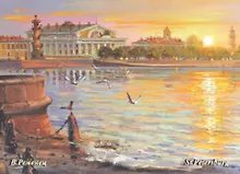 Купить Сувенир, МАГНИТИК, Магнит, Петербург Владимира Ременца: Закат на стрелке Васильевского острова — Фото №1