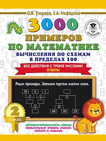 Купить 3000 примеров по математике. Вычисления по схемам в пределах 100. Все действия с тремя числами. Ответы. 2 класс — Фото №1