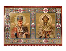 Купить Календарь квартальный 2026г 320*760 «Иконы свт. Николая Чудотворца и свт. Спиридона Тримифунтского» настенный, трёхблочный, спираль, тиснение фольгой — Фото №1