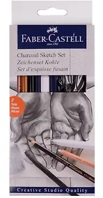 Купить "Набор для рисования ""Уголь"" 7 шт. (карандаш из прессованного угля, карандаш угольный, пастельный карандаш, уголь 2шт., растушевка, ластик-клячка) к/к, Faber-Castell " — Фото №1