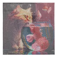 Купить Алмазная мозаика (блестящая) с подрамником, с полным заполнением "Котик и золотая рыбка", 20 х 20 см — Фото №1