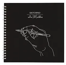 Купить Скетчбук 195*195 20л "Handmade" акварел. бумага, 200г/м2, черный дизайнерский картон, тиснение фольг. серебро, евроспираль — Фото №1
