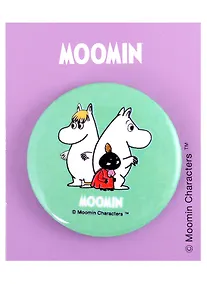 Купить Значок круглый MOOMIN Муми-тролль и Снусмумрик с малышкой Мю (мятный) (металл) (38мм) — Фото №1