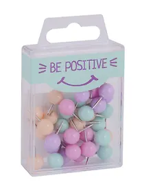 Купить Кнопки гвоздики 40шт "Be positive" кругл.головка, пастельн., ассорти, пласт.подвес — Фото №1