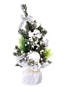 Купить Декоративная ёлка с серебряным декором на подставке (пластик) (20 см) — Фото №1