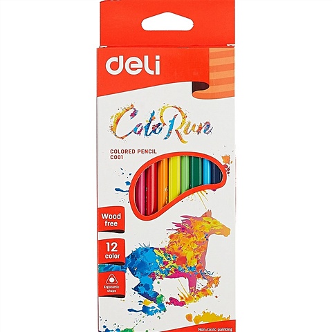 Карандаши цветные 12цв Color Run пластик., трехгранные, к/к, подвес, DELI карандаши цветные акварельн 12цв color emotion трехгранные к к подвес deli