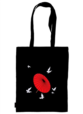 Сумка-шоппер Аниме Японский зонтик и бабочки черная, текстиль, 40см.*32 см.