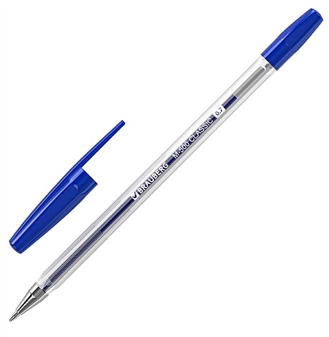 Ручка шариковая синяя M-500 CLASSIC, корпус прозрачный, узел 0,7мм, линия 0,35мм, BRAUBERG