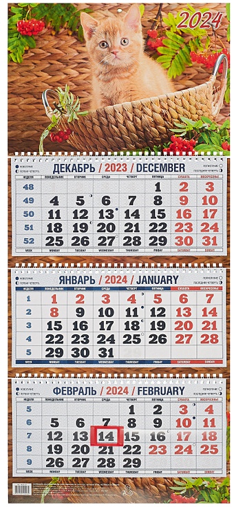 Календарь квартальный 2024г 310*680 Котёнок в корзине настенный, трёхблочный, спираль календарь квартальный настенный трёхблочный два котенка 310х680 на 2023 год