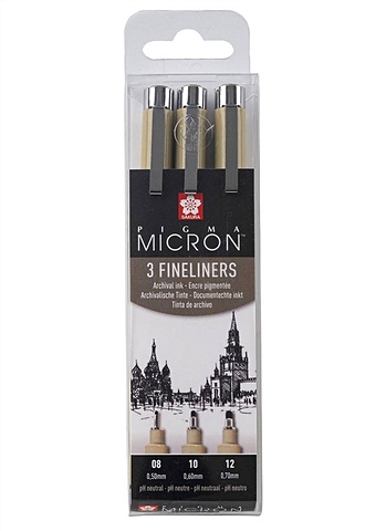 Ручки капиллярные черные 03шт Pigma Micron 0.5мм, 0.6мм, 0.7мм цена и фото