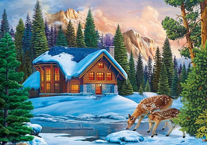 Рисование по номерам Зимний домик и оленята, 30х40 см