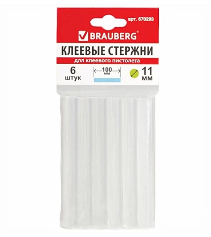цена Клеевые стержни Brauberg прозрачные, 6 шт., диаметр 11мм, длина 100мм