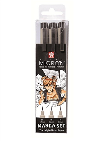 Ручки капиллярные черные 03шт Pigma Micron Manga 0.1мм, 0.5мм, 0.8мм