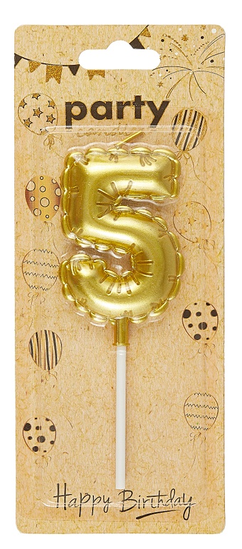 Свеча для торта Цифра 5 Воздушный шар (6см) (золото) (блистер) цена и фото