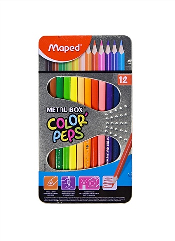 Карандаши цветные 12цв COLORPEPS трехгранные, мет/кор, подвес, MAPED карандаши 18цв colorpeps в кор 832015