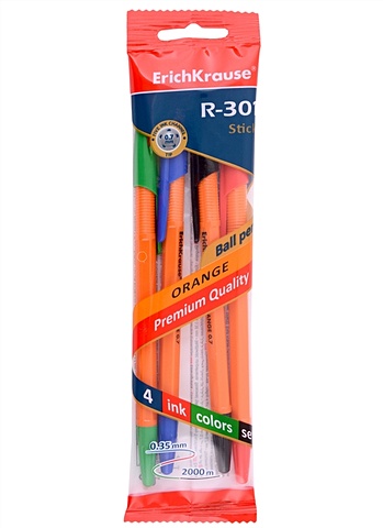 цена Ручки шариковые 04цв R-301 Orange Stick 0.7мм, синяя, черная, красная, зеленая, подвес, ErichKrause