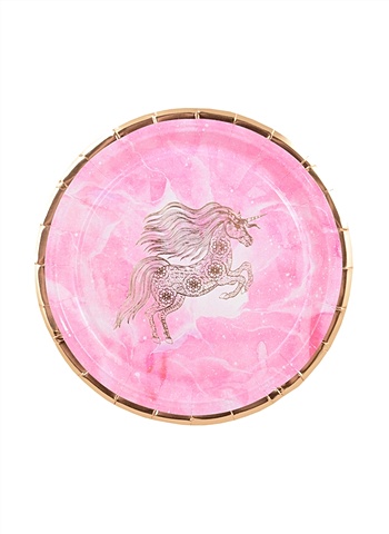 Набор бумажных тарелок Единорог на розовом фоне с золотом (19см) (6шт) цена и фото