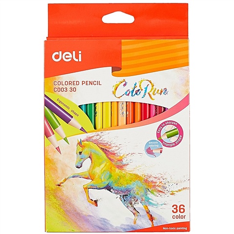 Карандаши цветные 36цв Color Run, трехгранные, к/к, подвес, DELI карандаши цветные акварельн 36цв color emotion трехгранные к к подвес deli