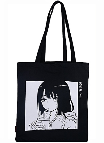 Сумка Аниме Девушка с напитком (Сёдзё) (черная) (текстиль) (40х32) сумка аниме девушка в наушниках дзё бежевая текстиль 40х32