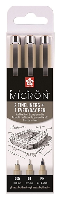 Ручки капиллярные черные 03шт Pigma Micron Urban 0.05мм, 0.1мм, PN
