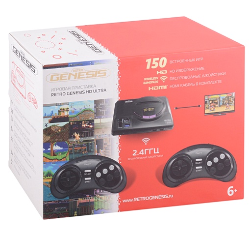 цена SEGA Retro Genesis HD Ultra+150 игр (2 беспроводных 2.4ГГц джойстика, HDMI кабель)