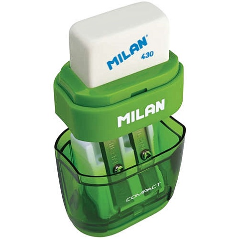 Точилка Milan/Милан Compact пластиковая с ластиком, 2 отверстия, контейнер в ассортименте точилка milan милан extension пластиковая 2 отверстия контейнер