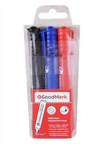 Маркеры перманентные 03цв (черный, синий, красный), 2,5 мм, GoodMark маркеры 3 цвета для досок красный синий черный 5мм