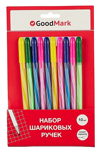 Ручки шариковые синие 10шт. Stripes подвес, GoodMark ручки шариковые синие 02шт lol подвес